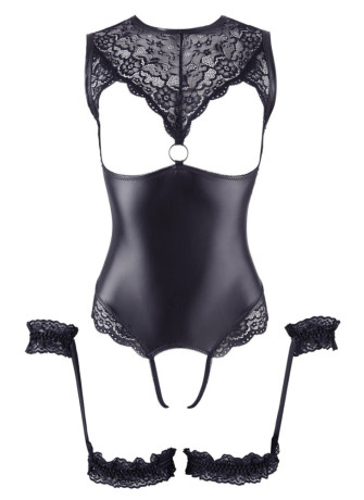 Body en dentelle et simili cuir ouvert avec menottes -  OR2642239BLK